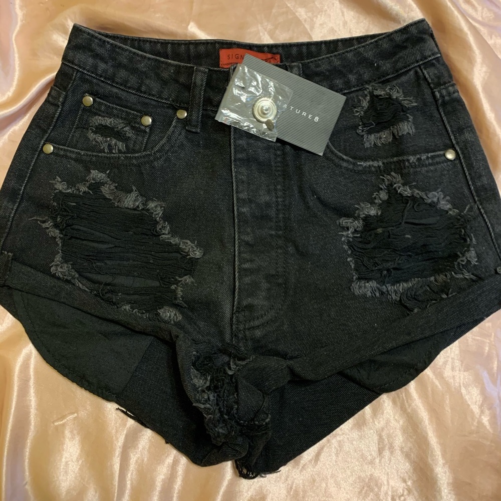 Distressed Black Denim Shorts